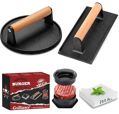 Grilliance Smash Kit de presse à hamburger 3 en 1, presse à hamburger, presse à hamburger en fonte ronde et rectangulaire, 100 pièces de papier ciré pour grill, plaque de cuisson, dessus plat, cuisine