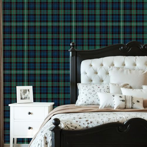 DERUINVAIO Peel and Stick Wallpaper Tartan Seamless Blue Black Green Red Gold Plaid Removable Wallpaper Contact Paper for Living Room Bedroom Bathroom Kitchen Countertop 45cm x 300cm
