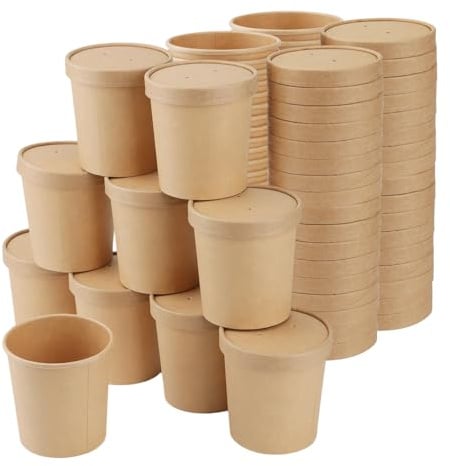 SEUICYNE 50 Stück Pappbecher Suppenbecher 460ml, Suppenbecher to Go, Speisebecher Pappe Eisbecher mit Deckel, 16 oz Braun Pappbecher Speisebecher für Suppen Desserts Eiscreme Gefrierbar Vorspeisen Sal