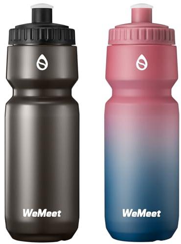 WEMEET Mountain Bike Water Bottle 2-Pack, Sport Squeeze Bottle with Capacity Scale, LeakProof, BPA Free, for Cycling, Gym, Outdoors (Black & Red Blue, 700ml)
