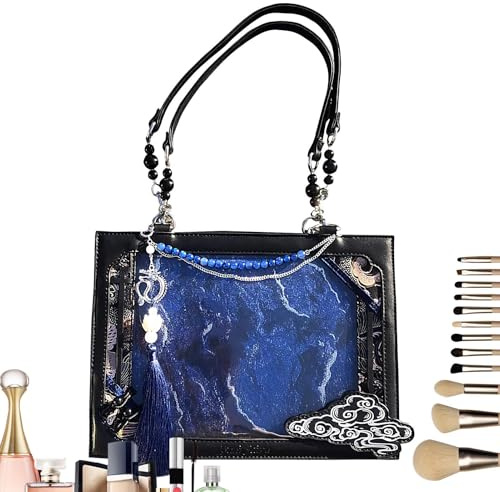 ETUCYNG Handtasche für Damen, Neo-Umhängetasche im chinesischen Stil, Vintage-Schultertasche für den täglichen Einkauf, Termine, Reisen, Fotografie, Urlaub, Spazierengehen, Urlaub, schwarz und blau