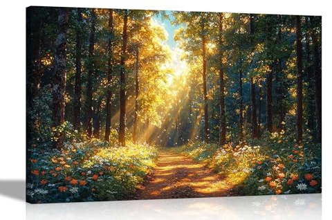Artley Prints - Sunshine Forest Summer Flowers Landscape Framed Canvas Wall Art Prints for Living Room Conservatory Hallway Pictures Extra Large 101 x 76cm (40 x 30 inches)