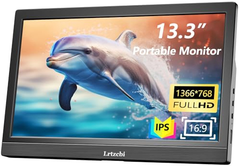 Lrtzcbi Portable Monitor 13.3 Inch, HD 1366x768P LED External Display with USB C & HDMI Port, Built in Speaker Second Screen Portable Monitor for Laptop Phone PC Mac PS4/5 Xbox