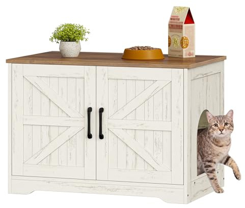 Fobyfurny Katzenklo Schrank, Katzenschrank Möbel, 80x50x55cm, Braun & Weiß | Katzenklo Versteckt Schrank, Katzenhaus Holz, Katzenschrank Beistelltisch mit Seiteneingang, Bauernhausstil, für Wohnzimmer