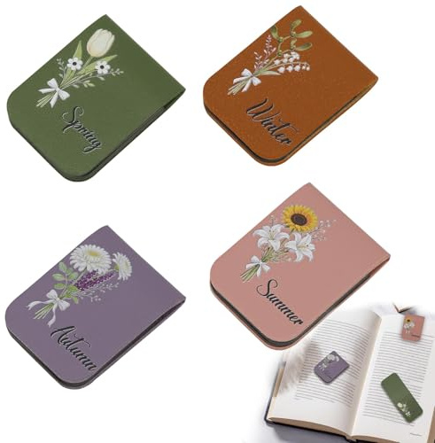 4 personalisierte Lesezeichen für Frauen, magnetisches Lesezeichen-Set aus Leder mit Blumenmotiven der vier Jahreszeiten – niedliche Geschenke für Bücherliebhaberinnen, Lehrerinnen und Leserinnen