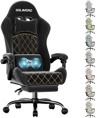 HLONONE Ergonomischer Gaming Stuhl Stoff mit Massagefunktion, bis 150 kg | Gaming Chair mit Fußstütze, Kopfstütze und Höhenverstellbar Lendenkissen, Gamer Stuhl für Homeoffice und Gaming, Schwarz