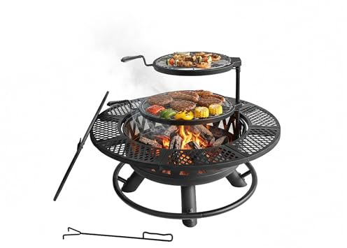 Relaxdays Feuerschale, Ø 92 cm, 2 verstellbare Grillroste, Deckel, Schürhaken & Abdeckung, Feuerstelle Garten, schwarz | Schürhaken & Abdeckung für Garten