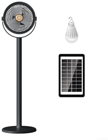 Ventilador solar de pie recargable de 5 velocidades con luz LED, inclinación vertical de 360 grados y marco compacto y ligero para hogar y oficina (negro)