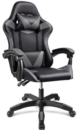 duehome | Silla Gaming Ergonómica Reclinable con Cojín Lumbar y Cervical, Ruedas 360°, Modelo Viper, Acabado en Negro y Gris, Medidas: 56 cm (Ancho) x 53 cm (Largo) x 117-128 cm (Alto)