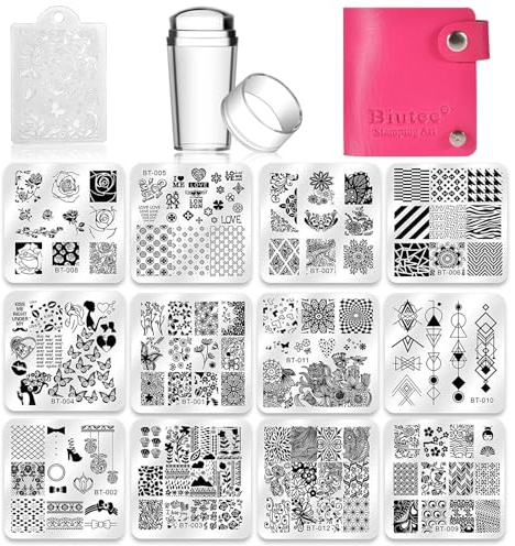 Biutee Nail Stamping Plates Set 12pcs Nail Plates 1stamper 1scraper 1storage bag Nail plate Template Image Plate Stencil Nails Tool (C)