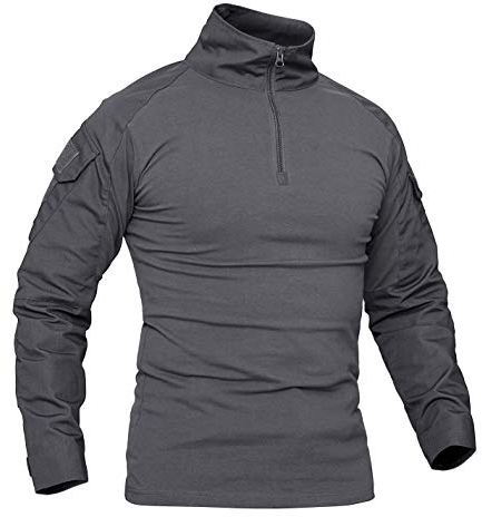 KEFITEVD Tactical Shirt Herren Multicam Paintball Bekleidung Bundeswehr Pullover Taktisch Hemd Stehkragen 1/4 Zipper Militär Uniform Outdoor Longsleeve Grau 2XL