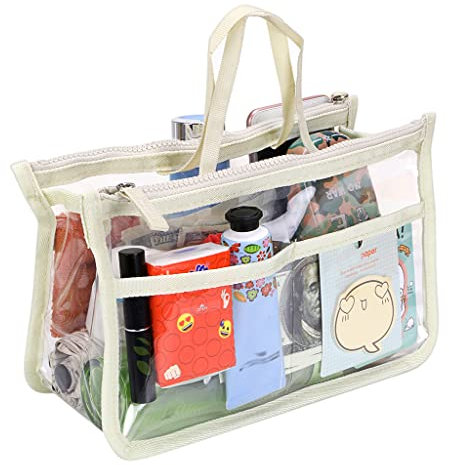 IGNPION Transparent PVC Insert Handbag Organizer 8 Pockets Travel Makeup Toiletry Wash Bag Cosmetic Pocket Purse Organizer Insert for Girls Women with Zipper and Handles (Beige)