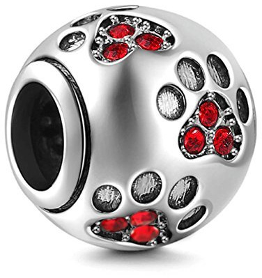 Paw Prints Charm fits Pandora Charm Bracelets, Solid 925 Sterling Silver Beads with Clear Crystal, Round Ball Shape, European Style, Pet Cat Dog Puppy Charms