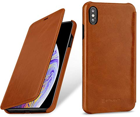 STILGUT Schutz-Hülle kompatibel mit iPhone XS Max Book Type aus Echtleder, Cognac