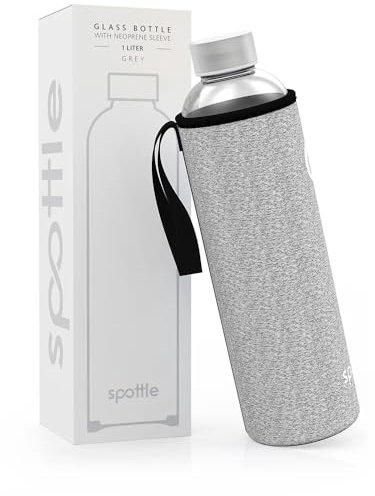 spottle Trinkflasche aus Glas 1l - Glasflasche 500ml - 750ml - 1 liter mit Neoprenhülle - Schutzhülle - Glastrinkflasche mit Schraubverschluss (Grau meliert, 1000 ml)