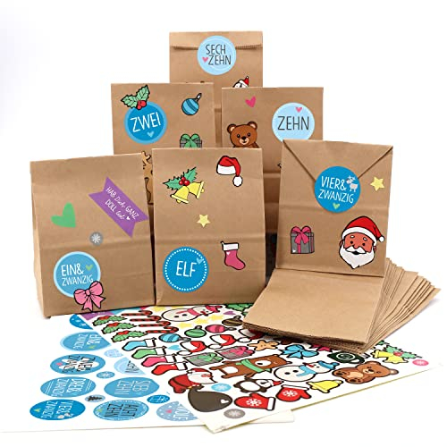 OWLBOOK® Adventskalender zum Befüllen mit 113 Aufklebern und 25 Großen Standbodenbeutel Tüten