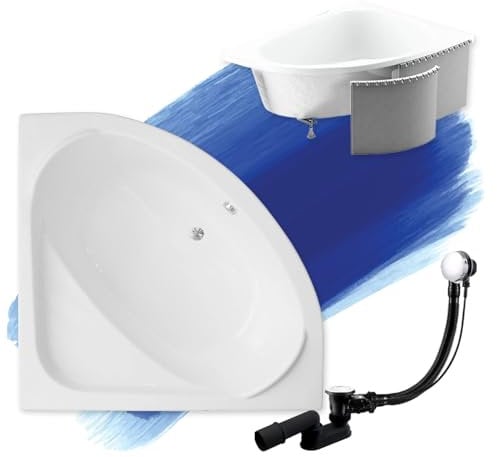 BADLAND Badewanne Original Weiß Acryl Wanne Eckbadewanne STANDARD 140x140 KOMPLETTSET SET mit Premium Styroporverkleidung + Füßen und Exklusive Chrom Automatik Ablaufgarnitur Made in EU 4in1