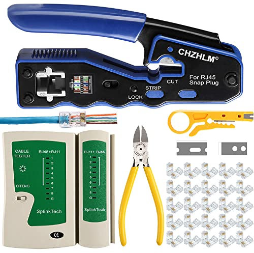 CHZHLM Rj45 Crimp Tool Kit Pass Through Crimping Tool Crimper Cutter for Cat6 Cat5 Cat5e with 50PCS Connectors Mini Wire Stripper Cable Tester and Plier