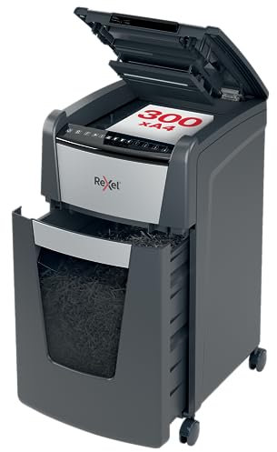Rexel Optimum Auto Feed+ 300 Sheet Automatic Cross Cut Paper Shredder, P-4 Security, Small Office Use, 60 Litre Removable Bin, Castor Wheels, 2020300X, Black