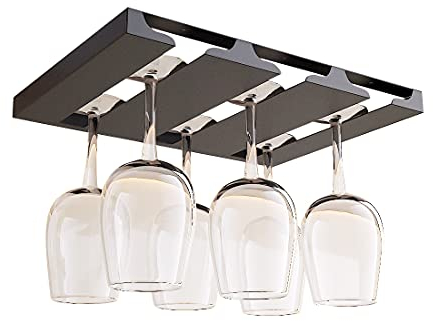 SIMVE Wine Glass Holder Under Shelf,Stainless Steel Stemware Rack for Cabinet,Glassware Drying Storage Hanger,Metal Hanging Organizer for Kitchen,Bar or Restaurant,Screw Mount,Matte Black,3 Row