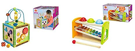 Eichhorn buntes Spielcenter, Motorikwürfel mit Motorikschleife, Uhr, Motorikspiel, Größe: 20x20x36 cm & Xylophon Klopfbank, enthält: Klöppel, 8X Noten, 3X Kugeln, 6-TLG., Birkenholz, 12,5x25x14cm
