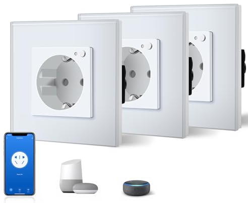 BSEED Schuko Wifi Steckdose 16A Smart Alexa Glassteckdose, 3 Pack 1 Weg Weiß 86mm Unterputz-Installation APP-Steuerung Arbeit mit Alexa/Google Home DIY Free Spin Nur 2.4 GHz