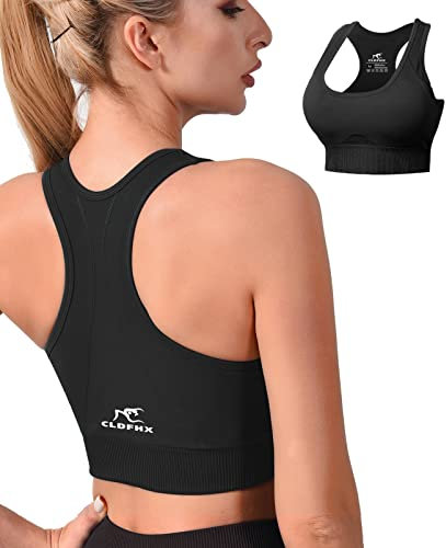 CLDFHX Damen Sport BH Starker Halt mit Polstern Ohne Bügel Comfy BH Nahtlos BH Racerback Top zum Yoga Joggen Fitness Laufen Pilates, Schwarz, L