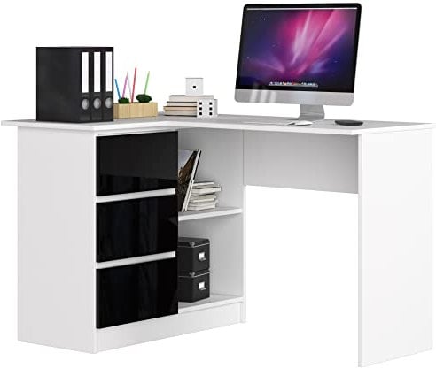 AKORD Eck-Schreibtisch B-16 mit 3 Schubladen und 2 Ablagen | Schreibtisch | ecktisch | Eck Schreibtisch für Home Office | Einfache Montage | B124 x H77 x T85, 48 kg Weiß & Schwarz Glänzend Front