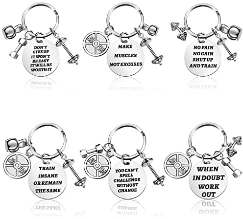 Yinkin 6 Stück Fitness Gym Charm Schlüsselanhänger Edelstahl Fitness Geschenke mit Zitaten Hantel Personal Trainer Geschenke Workout Geschenke für Frauen Gym Schlüsselanhänger für