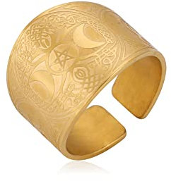 Amaxer Tetragrammaton Ring für Männer Pentagramm Stern Dreifachmond Göttin Baum des Lebens Glück Amulett Verstellbarer Ring Statement Band Ring Herren, Edelstahl