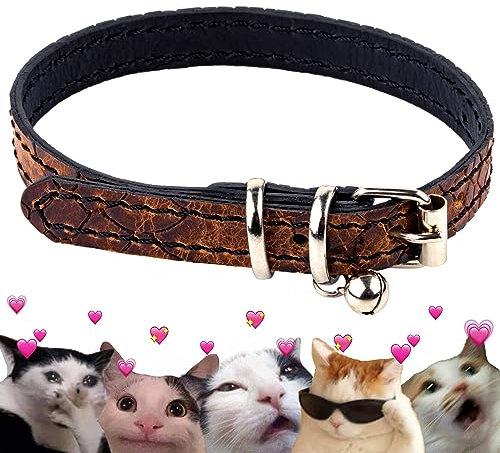 FAVPET Luxus Echtleder Katzenhalsband mit Glocke, Dünnes Katzenhalsband mit Metallschnalle, Schick Leder Katzen Halsbänder mit Glocke, Glöckchen Halsband Katze Leder, Katzen Lederhalsband (Braun)