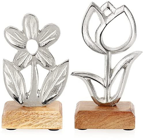 com-four® 2X Deko-Aufsteller Blume - Premium Metall-Blumen auf Mangoholz-Sockeln - Deko-Blumen aus Metall zum Hinstellen und Verschenken (1 Stück - Blumen 1)