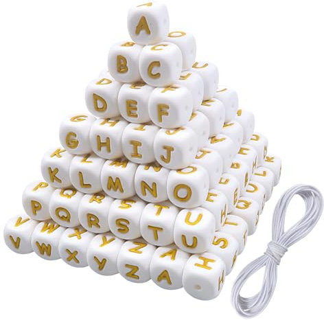 TOAOB 52 Pezzi Perline Lettere per Braccialetti in Silicone 12mm Grandi Oro Cubo Alfabeto Beads con 2M Filo per Collane Bigiotteria Gioielli Fai da Te Phone Catene Portachiavi Dorate Quadrate Perle