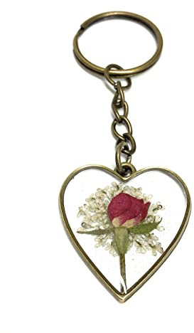 Handmade Rose bud Keyring made with real handpressed rose flowers. Unique romantic gift (Heart Shape with Queen Annes Lace)