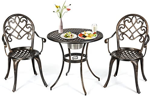 COSTWAY Juego de Mesa y Sillas de Bistró de 3 Piezas de Metal Fundido para Exterior con Mesa Redonda y Cubeta de Hielo Removible, 2 Sillas, Muebles de Jardín Antiguo Resistente a la Intemperie