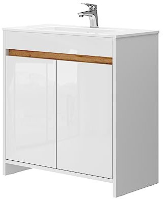 Vicco Badmöbel-Set Lemgo, Badezimmerschrank-Set, Weiß Hochglanz, 2 Teile, Unterschrank 80 cm