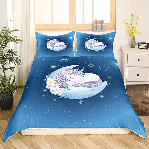 Loussiesd Kinder Einhorn Bettwäsche Blau Mond Drucken Bettwäsche Mädchen 135x200 Jugend Teenager Tiere Bettwäscheset Schöne Pferd Bettbezug Teens Blume Bettwäsche Einhorn mit Reißverschluss Krawatten