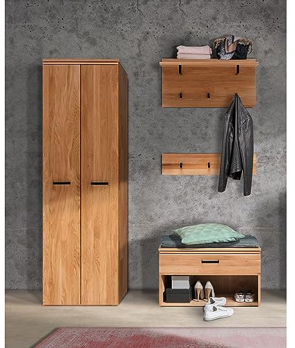 Lomadox Flur Garderoben komplett Dielenschrank Garderobenpaneel Hakenleiste Bank mit Kissen Set in Eiche massiv geölt, B/H/T: ca. 160/200/39 cm