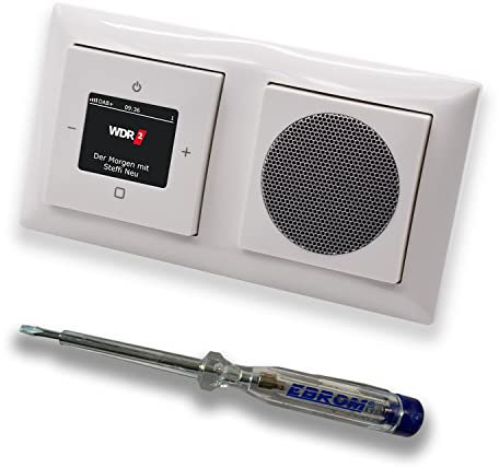 Busch Jäger DAB+ (DAB PLUS) Unterputz Radio 8215U-101 Balance SI alpinweiß, Komplett-Set mit Lautsprecher, Abdeckungen und Rahmen + EBROM Phasenprüfer zur Montage der Geräte - 8215 U – 101