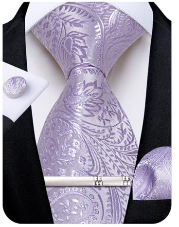 DiBanGu Cravate en soie tissée pour homme avec boutons de manchette carrés et pince à cravate pour mariage et affaires, violet clair, taille unique