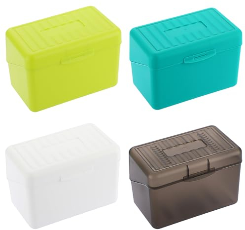 BSTKEY 4 x 6 inch Plastic Index Card Holder Recipe Card Box, Set of 4 Flash Card Case Note Card Box Storage Organizer for 10 x 15cm Index Card Flashcard Recipe, White, Grey, Green, Yellow (No Cards)