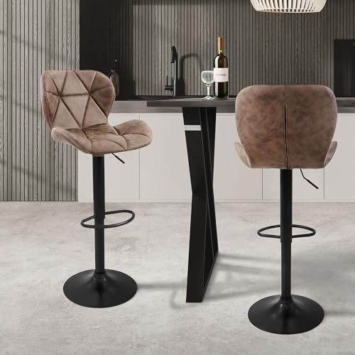 ML-Design Lot de 2 Tabourets de Bar en Simili, Marron, Chaise Rembourrée avec Dossier et Repose-Pieds, Réglable en Hauteur 59-79 cm, Pivotante à 360°, Tabouret de Comptoir, Cuisine, Bar de Maison