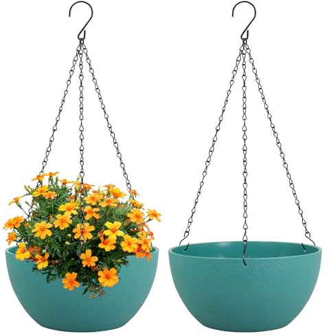 Meowell 8 inch Small Hanging Planters Plant Pots for Indoor Outdoor Plants, 2 Pack Hanging Flower Pots with Drainage Holes and Chain for Garden, Plastic Hanging Baskets for House Plants, Blue Green
