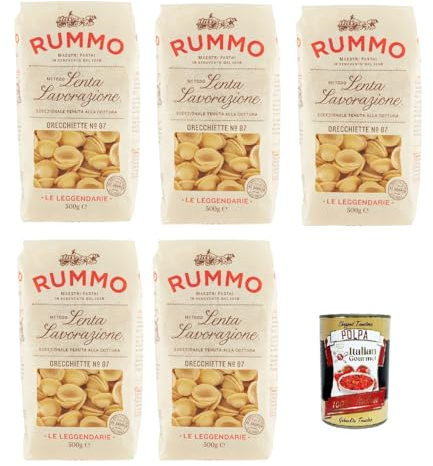 Rummo Le Leggendarie Orecchiette N° 87, Pasta Lenta Lavorazione Teigwaren aus Hartweizengrieß Bronze-Zeichnung 5x 500g + Italian Gourmet polpa 400g