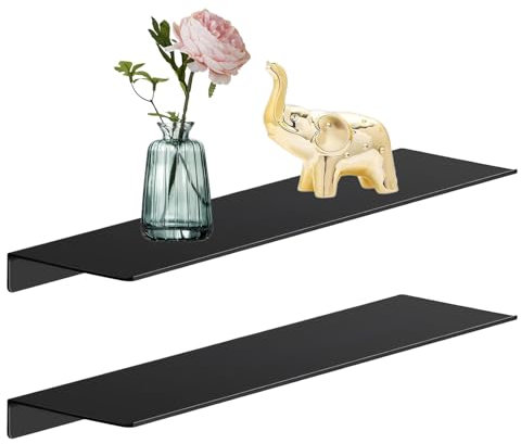 2 Pack Black Shelves,Metal Shelves for Wall,Self Adhesive Small Shelf for Photo Picture,Bathroom Shelf No Drill,Wall Mounted Black Floating Shelves for Bedroom,Living Room,Kitchen,Shower Caddy (30cm)