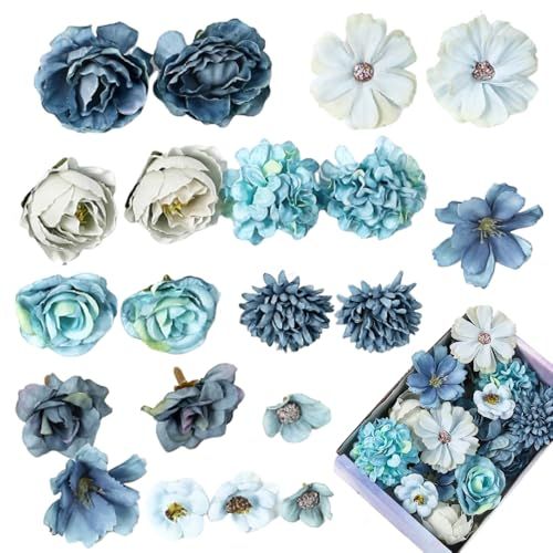 Sctmda Kunstblumen Blumenköpfe 20 Stück Kunstblumen Basteln Blau Klein Kunstblumenköpfe Künstliche Blume Blütenköpfe Deko Klein Blumenköpfe Blütenköpfe Deko Mini Künstliche Blumen für DIY Hochzeit