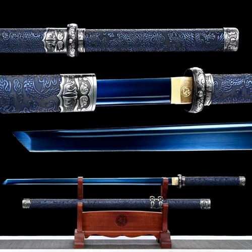 KWXPW 104cm handgefertigt Tang Schwert,Manganstahl Klinge mit Bläuungsprozess,PU-Leder umwickelte Holzscheide,echtes Samurai gerades Schwer,blaues Katana für Geschenke,Dekoration,Display,Cosplay