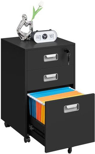 Yaheetech Caisson de Bureau Mobile avec 3 Tiroirs, Verrouillable, Rangement Bureau pour Document A4/Lettre, Dossier Suspendu, Support d'Imprimante à roulettes, 40 cm L × 40 cm l × 66 cm, Noir
