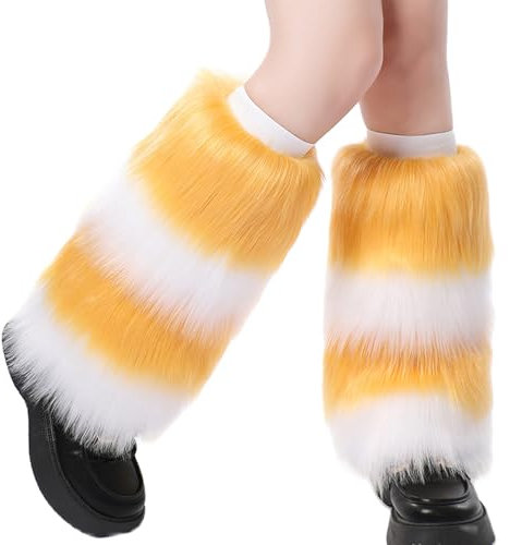 WERNZATT Damen-Beinstulpen aus Kunstfell, warm, für den Winter, Stiefelstulpen, Beinwärmer, Weihnachten, Halloween, Party, Kostümzubehör, Gelb/Weiß, One size