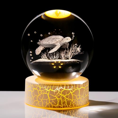 8cm 3D Sea Turtle Crystal Ball Tortoise Carved Collectible Paperweight with LED Warm Light Stand Turtle Animal Gifts for Women Friends for Home Ornament Birthday Christmas